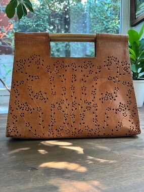 Vintage Tan Leather Floral Cutout Bamboo Handle Structured Handbag